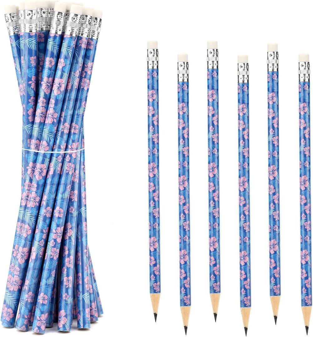 20pcs Cartoon Blue Pencils with Floral & Leaf Prints, Hawaiian Themed Wooden Pencils with Eraser Hawaii Themed Party Supplies for Classroom School Office