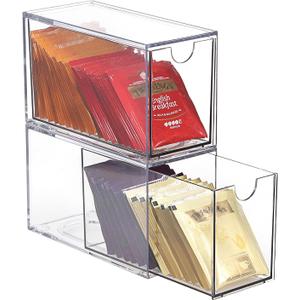 ELLDOO 2 Drawers Tea Bag Organizer, Clear Acrylic Stackable Tea Bag Storage Holder for Kitchen Pantry, Coffee Pod Snack Storage for Countertop Cabinet