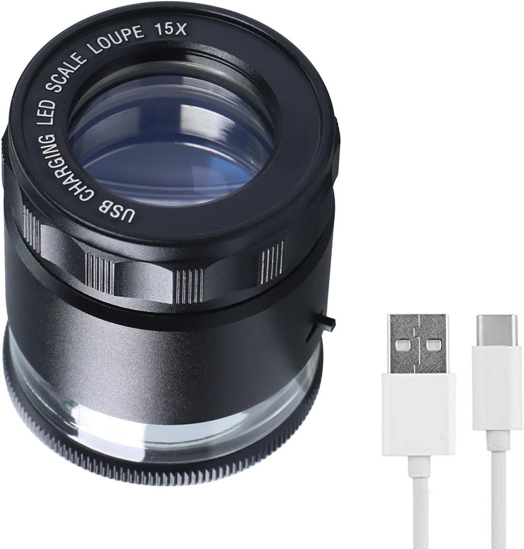 15X Jewelers Loupe with Light USB Rechargeable Metal Loupe Magnifier with Detachable Reticle Scale, 25mm Field of View, Adjustable Focus Eye Loupe Jewelry Magnifying Glass for Gems, Coins, Watches