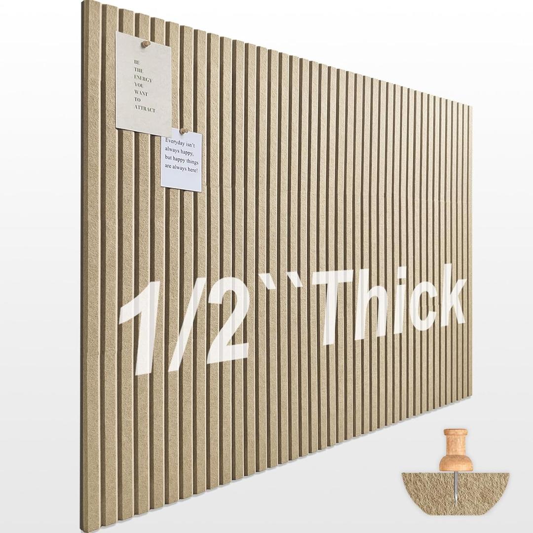 Large Cork Boards for Walls 48"x 36" - 1/2 Thick Bulletin Board, 12 Pack Felt Wall Tiles with Slat Wall Paneling, Pin Board Corkboards for Office - Tan