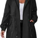 IN'VOLAND Women's Rain Jacket Plus Size Long Raincoat Lightweight Hooded Windbreaker Waterproof Jackets with Pockets (Black, 22W)