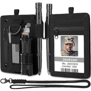 LIUGX Tactical ID Card Holder, 900D Nylon, Hook & Loop Patch Badge Holder, Waterproof Zipper Pocket, Neck Lanyard Key Ring and Credit Card Organizer, RFID Blocking (All Black) LIUGX Tactical ID Card Holder, 900D Nylon, Hook & Loop Patch Badge Holder, Waterproof Zipper Pocket, Neck Lanyard Key Ring and Credit Card Organizer, RFID Blocking (All Black)