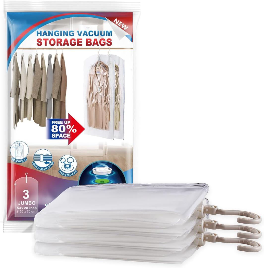 Hanging Vacuum Storage Bags, 3 Pack Large Hanging Vacuum Seal Bags for Clothing, Space Saver for Clothes, Jackets, Closet Organizer for Moving Supplies(53.1x27.6 in)
