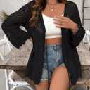 Women's Plus Size Lightweight Cardigans Tie Front Summer Crochet Long Sleeves Hollow Out Thin Cardigan (Black, XXXL)