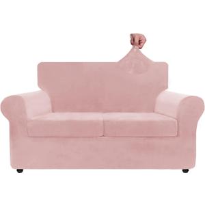 ZNSAYOTX Luxury Velvet Sofa Cover 3 Piece (57"-70") Stretch Loveseat Covers for 2 Cushion Couch Thick Soft Couch Slipcover with Non Slip Strap, Dog Pet Friendly Nice Furniture Protector (Rose)