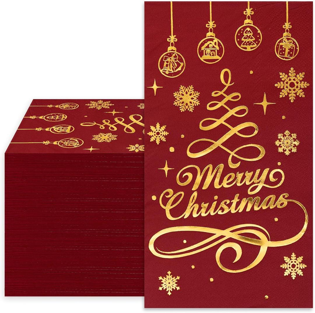 Whaline Merry Christmas Guest Paper Napkin Red Gold Foil 3 Ply Disposable Napkin Xmas Tree Dinner Hand Napkin Towel for Winter Party Supplies Table Decor, 80Pcs