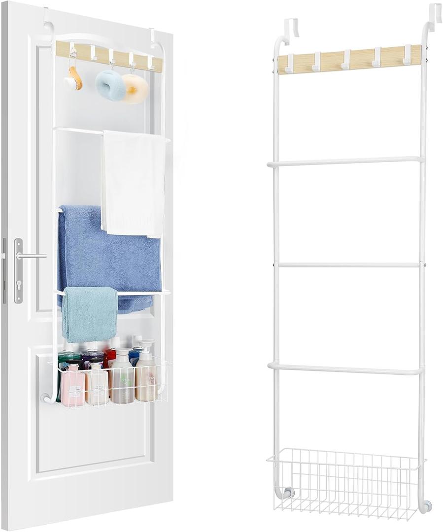 Over The Door Towel Rack, 5-Tier Towel Racks for Bathroom Door Hanging, White Over Door Towel Bar Rack, Door Blanket Holder for Clothes, Washcloths,Hand Towels, Over The Door Bathroom Organizer