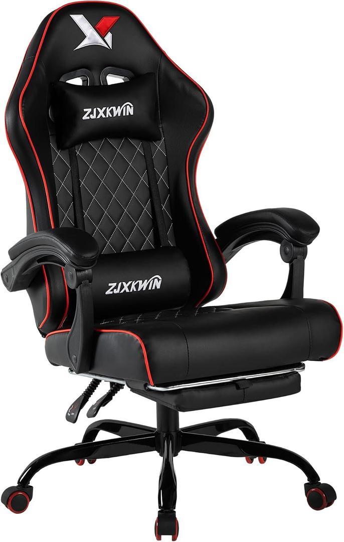 Gaming Chair with Pocket Spring Cushion, Ergonomic High Back Computer Chair with Footrest and Lumbar Support, Adjustable Height 360 Swivel Recliner, Red