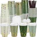 Jingmore 100 Set 12oz Green Gold Dot Paper Cup Sparkly Gold Foil Disposable Cups with Lids and Straws Green Gradient Cup for Hot Cold Coffee Juice for Wedding Bride Shower Party Supplies