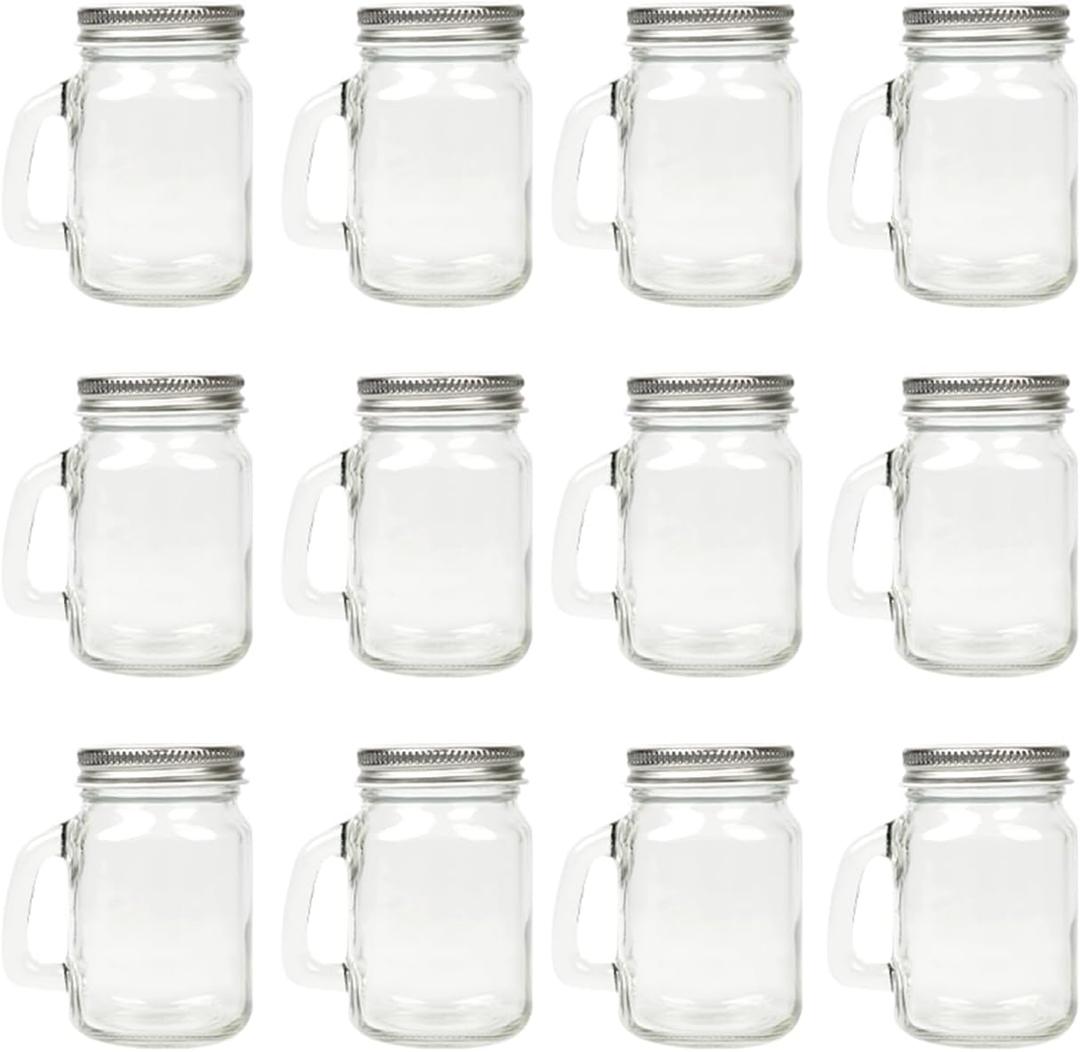 4 oz Mini Mason Jar Mugs with Handle, Small Glass Jars with Airtight Metal Lids, 12 Pack Empty Glass Mugs for Gift Party Wedding Candle and Favor