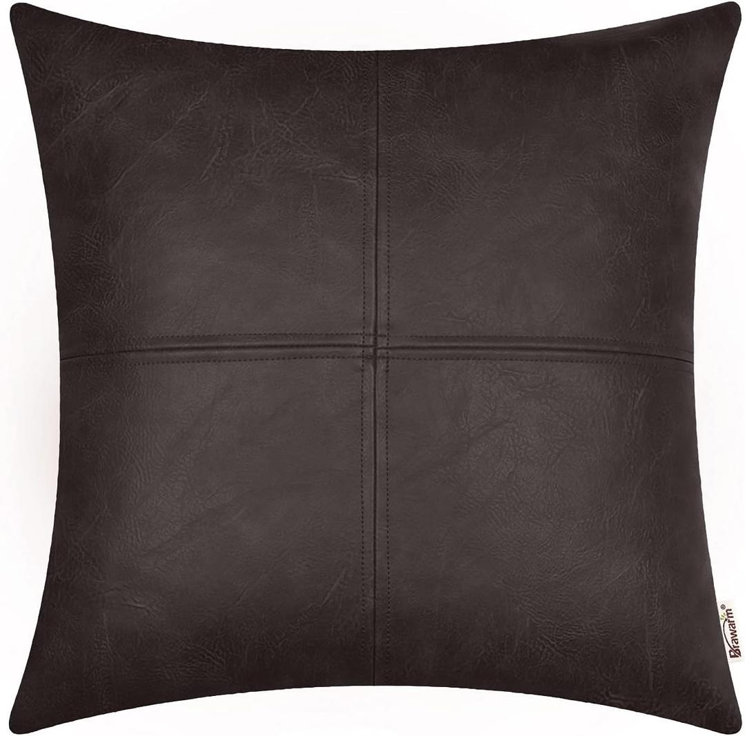 BRAWARM Dark Brown Leather Throw Pillow 18 X 18 Inches, Faux Leather Pillow Cover with Piping, Hand Stitched Leather Decorative Throw Pillow Covers for Couch Sofa Bed Living Room Garden
