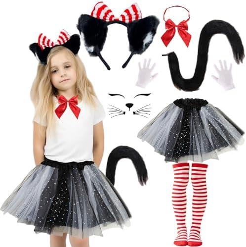 Popuid Girls Cute Cat Costume for Kids, 100th Day of School Red and White Cats Cosplay Outfit with Tutu Fluffy Cat Tails Bow Tie Set for Read Book Day Halloween Party Dress up, Size 4-6 Y