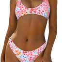 ZAFUL Women's Tie Back Padded High Cut Bralette Bikini Set Two Piece Swimsuit (Medium, 1-floral Orange Pink)