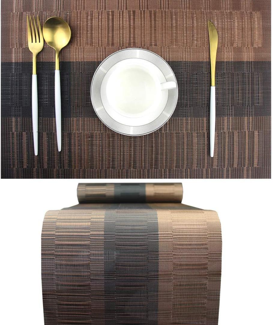 PIGCHCY Elegant Placemats with Matching Table Runner,Washable Durable Plastic Placemats for Dining Table Sets(6pcs Placemats+1pcs Table Runner, Brown)