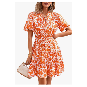 BTFBM Women Summer Floral Short Dresses V Neck Short Sleeve Tiered Ruffle Boho Swing Dress A-Line Mini Dresses, Size M