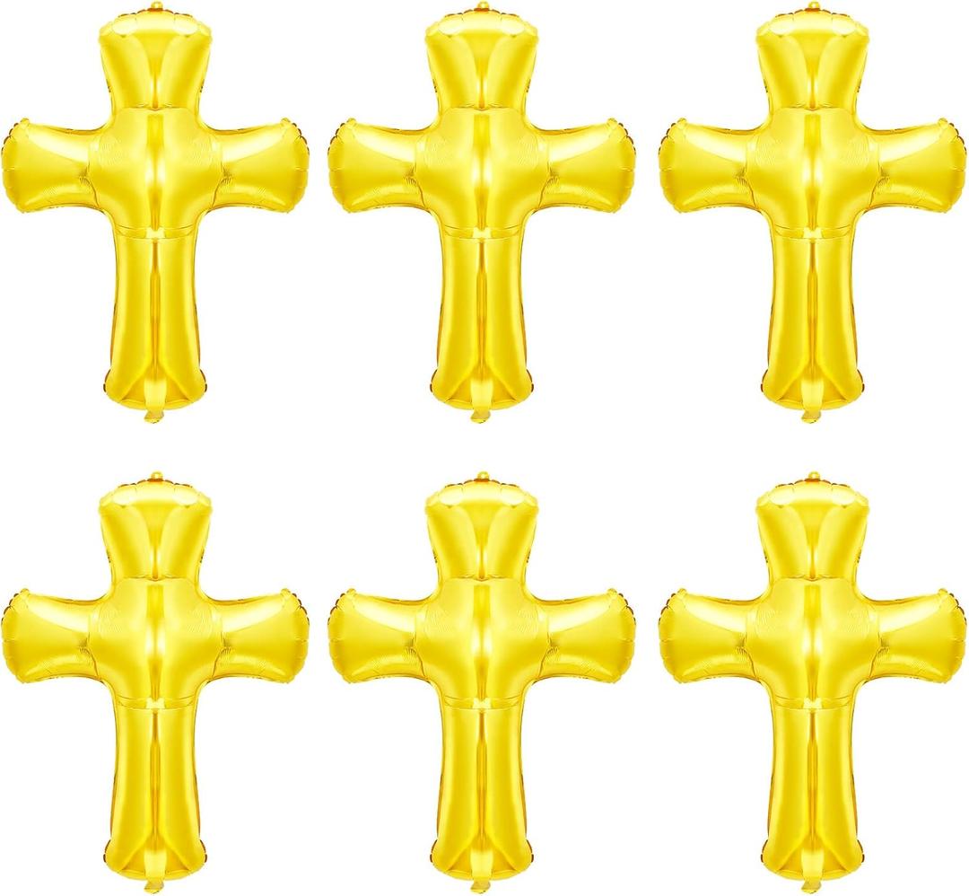 6 Pcs 34 Inch Cross Balloon Jumbo Baptism Large Memorial Balloons Communion Christening Religious Foil Party Balloon for Xmas Home Outdoor Decorations(Gold)