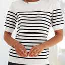 ZESICA Women's Casual Striped Tops Short Sleeve Crew Neck Ribbed Knit T Shirts Comfy Loose Basic Pullover Sweater (White, M)