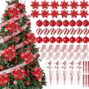 80 Pack Christmas Tree Decorations Set Red White Ornaments Bulk Include 12 Poinsettia, 30 Branches, 2 Woven Ribbon, 12 Icicle Hangings, and 24 Christmas Glitter Ball for Xmas Tree Decor Gift