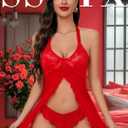 Women Lingerie Sexy Open Front Lace Babydoll Dress with Thong Halter Mesh Nightgown (Red, S)