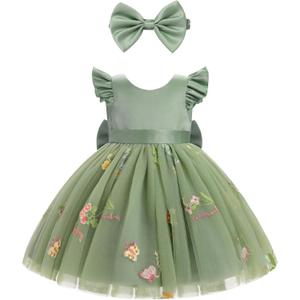 IBTOM CASTLE Baby Flower Girl Dress Satin Floral Embroidered Tulle Tutu Dress Infant Pageant Birthday Formal Party Dress (2-3T, Sage Green)