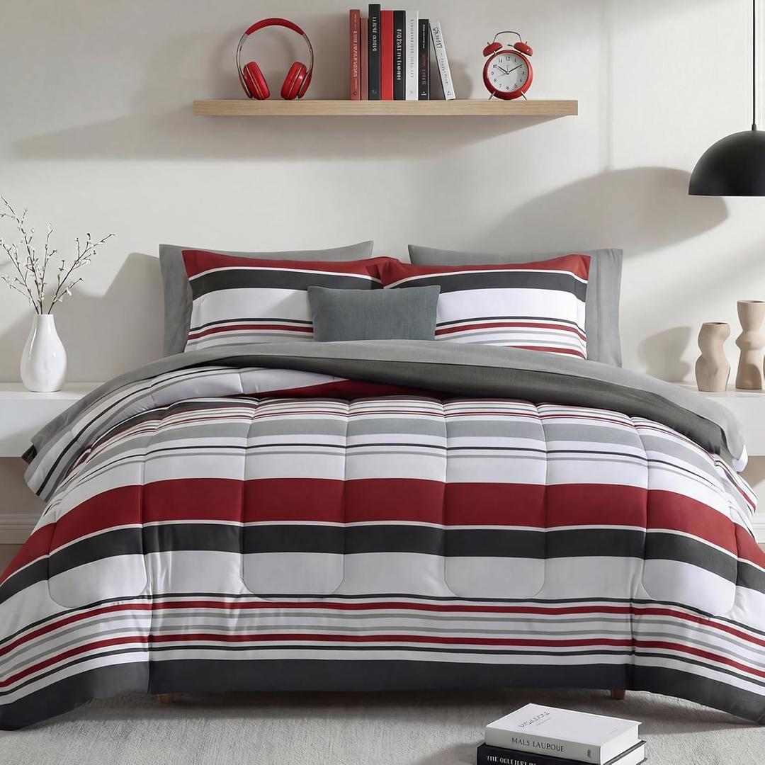Monbix Queen Comforter Set - 7 Pieces Bed in a Bag Queen, Red and Black-Stripe Bedding Sets, All Seasons Comforter Bed Set with Sheets, Pillowcases & Shams