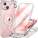 Miracase Glass Series Case for iPhone 15 [Compatible with MagSafe] Full Body Magnetic Case with Built-in 9H Tempered Glass Anti-Fingerprint Screen Protector + Camera Lens Protector, Clear Glitter