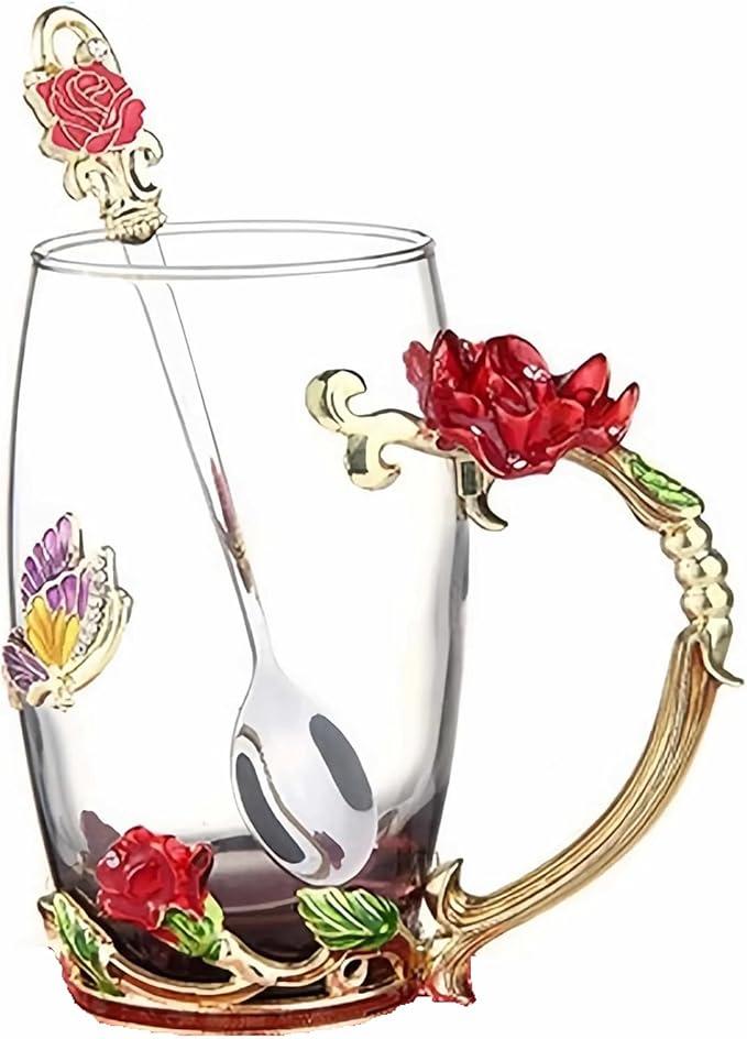 Tea Cup Gifts for Mom Women Mothers Day Glass Coffee Enamels Mug Birthday Butterfly Rose Gifts for Her Valentines Day Christmas Tea Cup with Spoon, A-Cup-Red-Tall