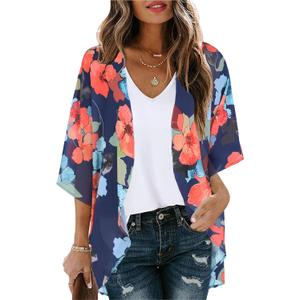 Women's Floral Print Puff Sleeve Kimono Cardigan Loose Cover Up Casual Blouse Tops (Large, Oil Ink Blue)