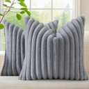 decorUhome Faux Fur Spring Throw Pillow Covers 18x18 Set of 2, Decorative Soft Plush Striped Neutral Couch Pillow Covers with Velvet Back for Sofa, Bed, Living Room Home, Grey