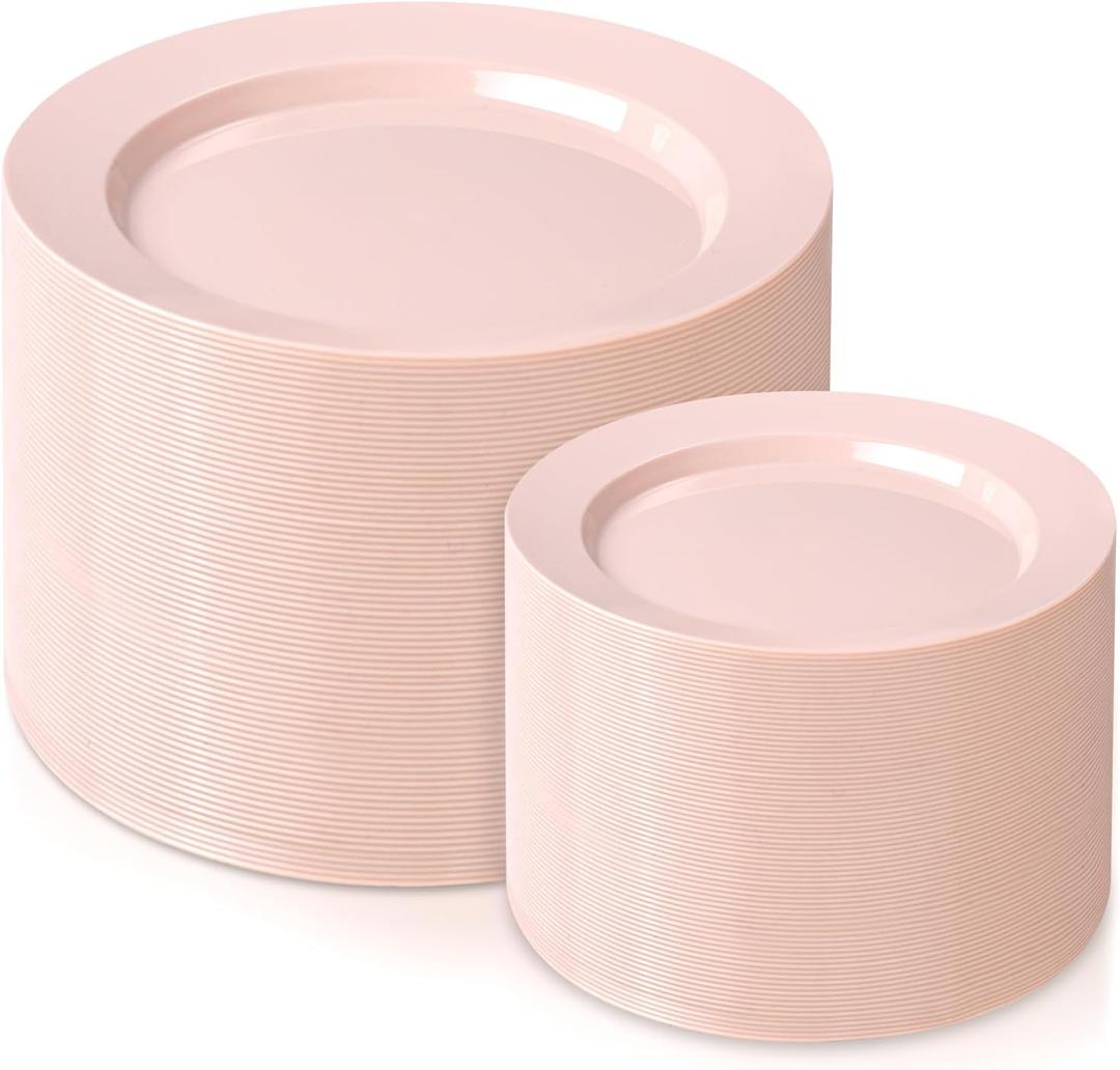 FLOWERCAT 200PCS Pink Plastic Plates Disposable Plates for Party - Heavy Duty Plastic Plates - 100 10" Pink Dinner Plates and 100 7" Pink Salad Plates for Weddings, Easter Parties,Mother's Day