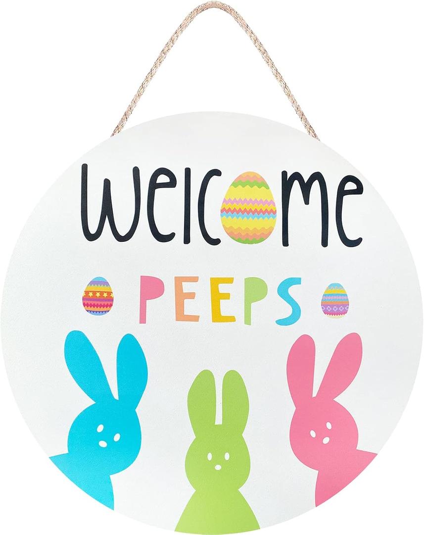 5 x Easter Welcome Wreath, Cute Bunny Happy Easter Signs for Front Door, Wooden Decorations Home Decor Porch Window Wall Farmhouse Indoor Outdoor