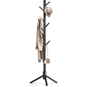 Wooden Coat Rack Freestanding with 8 Hooks,Easy Assembly New Zealand Pine Tree Coat Racks, 3 Adjustable Sizes for Clothes, Hats, Bags, for Entryway, Hallway, Bedroom, Office (Black, 1 PC)