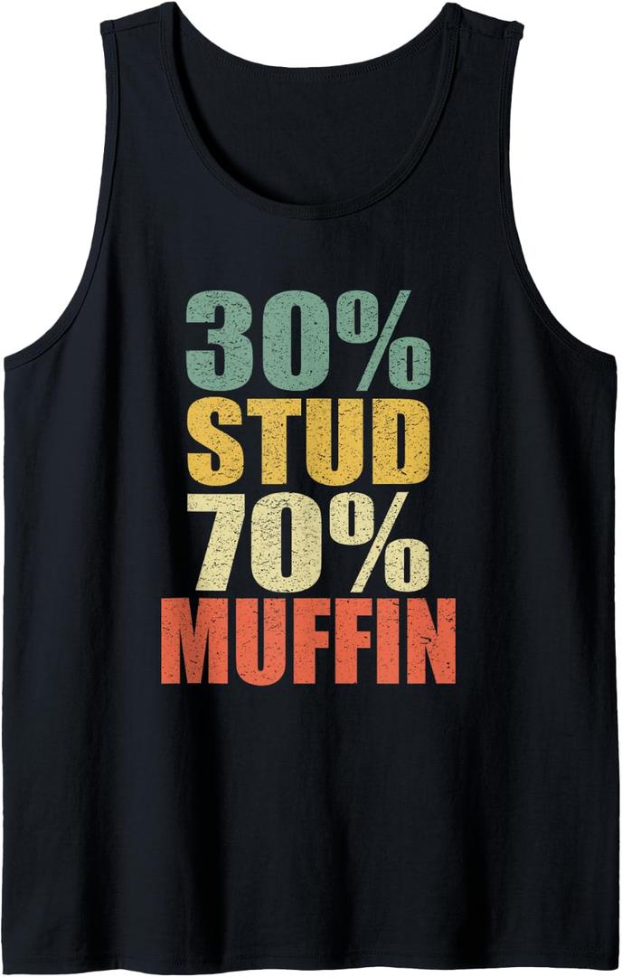 Funny Sarcastic 30% Stud 70% Muffin Retro Dad Father Figure Tank Top (Black, XXL)