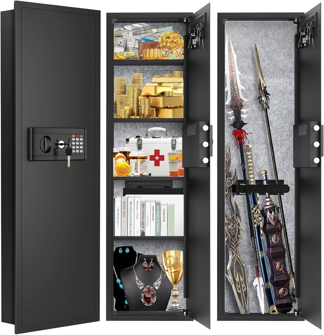 47.3" Tall Fireproof Wall Safes Between the Studs 16" Centers, Large Hidden Flush Wall Safe with 4 Removable Shelf & 6 Key Hooks, 48LB Heavy Duty In Wall Safe for Home, Money, Jewelry, Valuables (Black)