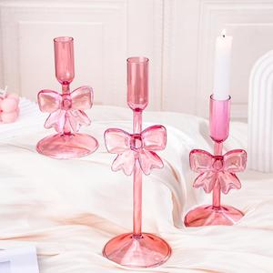 Mumufy 3 Pcs Pink Bow Glass Candlestick Holders Coquette Candle Holders Romantic Pink Bow Decorations for Wedding Bridal Shower Coquette Birthday Mother's Day Candlesticks Taper Candles
