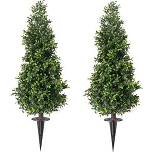 2FT Artificial Boxwood Topiary Trees with Ground Spike, 2 Pack UV Resistant Fake Shrubs Plants, Fake Evergreen Artificial Plant Brush for Indoor Outdoor Front Porch Garden