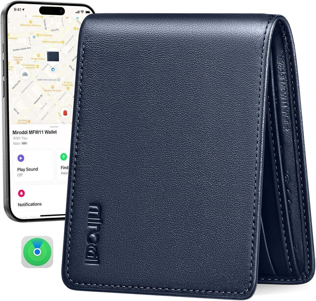 Mens Wallet Built-in Find My Real Time Tracker, 100% Genuine Leather RFID Blocking Classic Bifold Wallet for Men Upgrade Replacement for AirTag Wallet Credit Card Holder Smart Wallet for Men,  Black