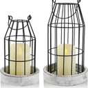 Farmhouse Lanterns - Set of 2 Rustic Home Decor with Flameless Candles, Wire Metal Cloche Decorative Candle Holders for Living Room, Fireplace Mantel, Dining Table (White)