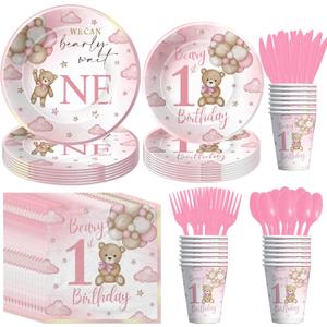 Bear 1st Birthday Plates and Napkins Party Decorations Girl Tableware, Pink Teddy Bear Theme We Can Bearly Wait One Party Supplies, First Birthday Paper Plate, Cup, Napkin, Cutlery, Serves 24