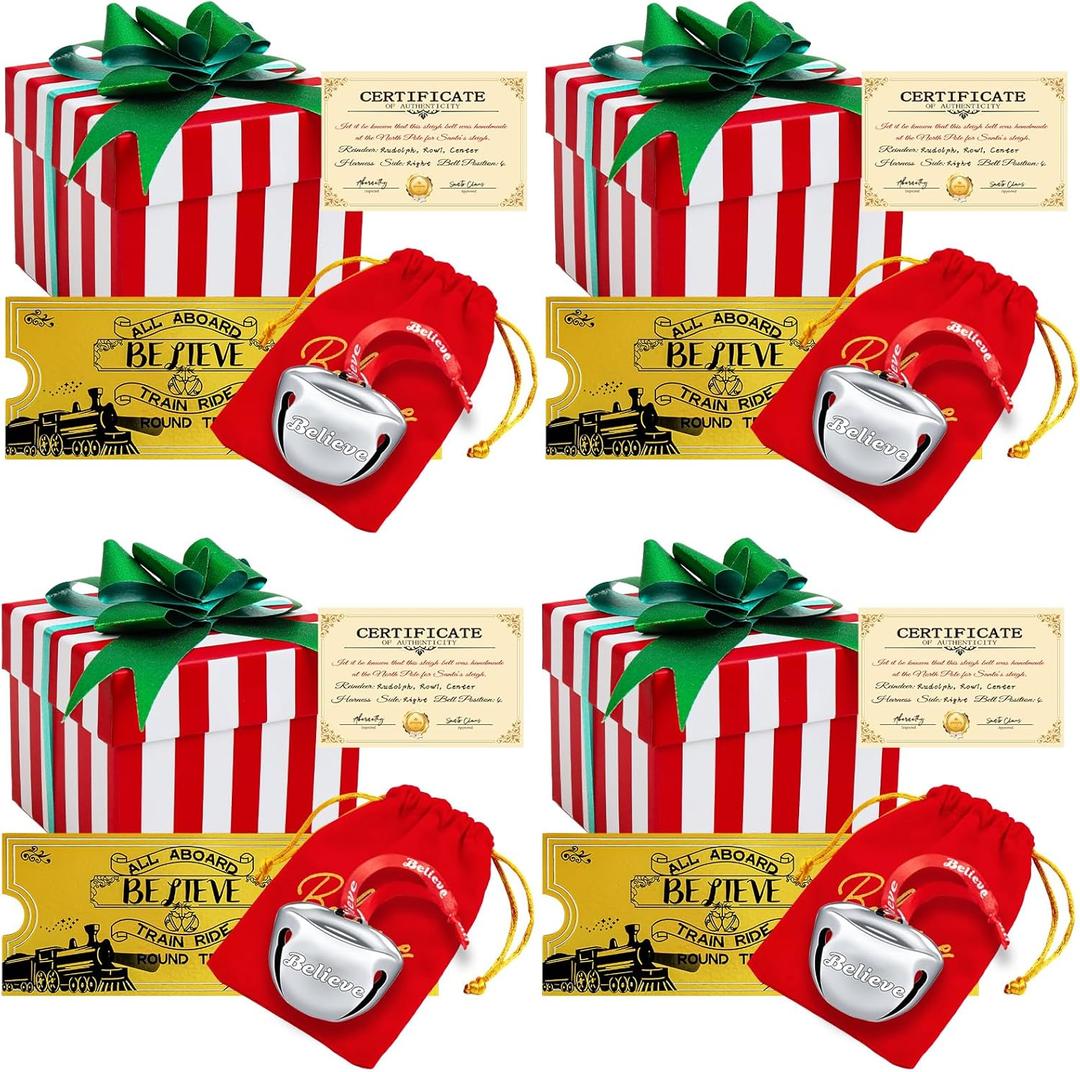 4 Sets Christmas Polar Express 2Inch Believe Bells Santa Sleigh Bell Gifts Bulk Christmas Ornament Train Ticket with Tags Red Velvet Bag Christmas Movie Party Favors for Xmas Party Tree Decorations