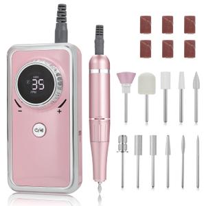 Electric Nail Drill Professional, 35000RPM Portable Efile Nail Drill with 11Pcs Nail Drill Bits, Rechargeable Nail Drill Machine with LCD Display for Acrylic Nail Remove Gel Polish for Home Salon Use (Pink)
