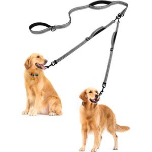 PetBonus Double Dog Leash, No Tangle Dual Leash, Reflective Walking Training Lead, 4 Comfortable Padded Handles for 2 Dogs with Collapsible Bowl and Waste Bags (Grey, Large)