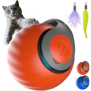 6 x Interactive Cat Ball for Indoor Cats - Dual-Speed Automatic Rolling Ball Toy with 90Min Run Time, Plush + Feather Tails, Energetic Cat Chase Exercise, Blue/Orange, 1PC