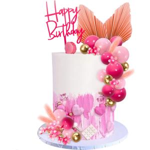 MEMOVAN 29pcs Flower Boho Cake Topper Ball Cake Decorations Hot Pink Gold Balls Palm Leaves Artificial Plants Cake Decor for Girl Bohemian Hot Pink Princess Theme Wedding Baby Shower Birthday Party