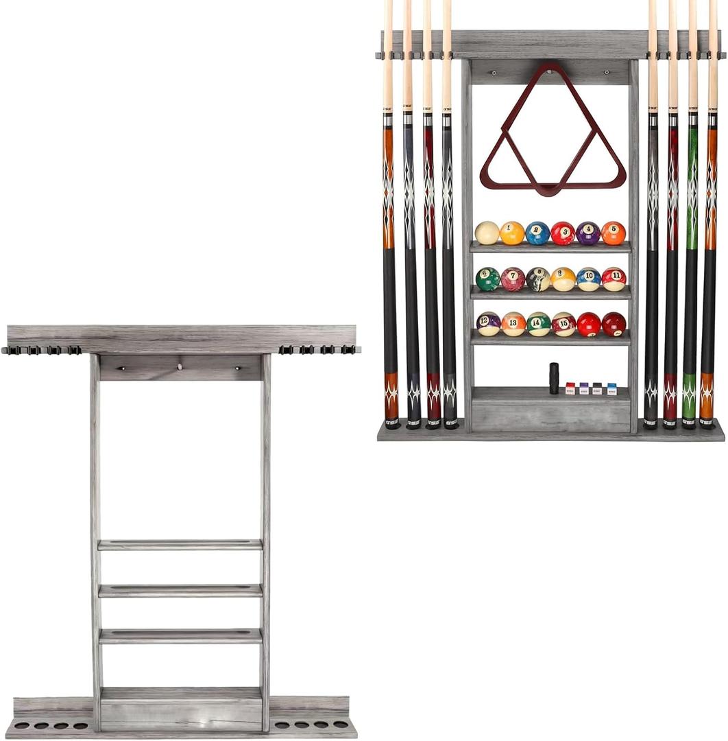 SUPERDIAMOND Pool Stick Holder Wall Mount, 8 Pool Cue Rack Wall Mount, Solid Wood Pool Cue Holder & Cue Stick Holder, Professional Pool Stick Wall Rack for Billiard Room Accessories Holds 8 Cues,Grey
