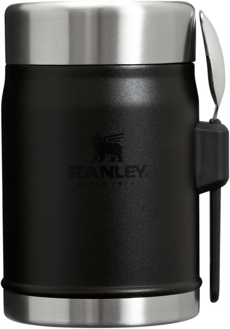 Stanley Classic Food Jar and Spork 14 oz | Vacuum Insulated Thermos Food Container | Wide Mouth Screw On Lid | Packable for Travel | Stainless Steel with Leakproof Lid | BPA-Free | Black 2.0