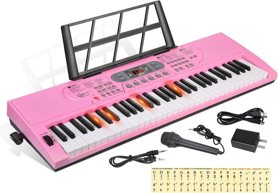 Keyboard Piano Lighted Keys for Beginner Adults Teens Kids, 61 Key Electronic Music Keyboard with Teaching Modes Powered by USB or Battery with LCD Display Microphone Headphone Jack Pink