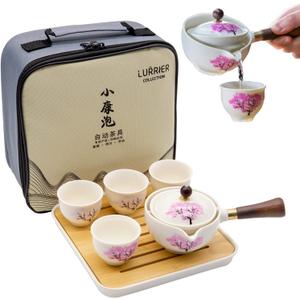 LURRIER Porcelain Chinese Gongfu Tea Set,Portable Teapot Set with 360 Rotation Tea maker and Infuser,Portable All in One Gift Bag for Travel,Home,Gifting,Outdoor and Office (Sakura)