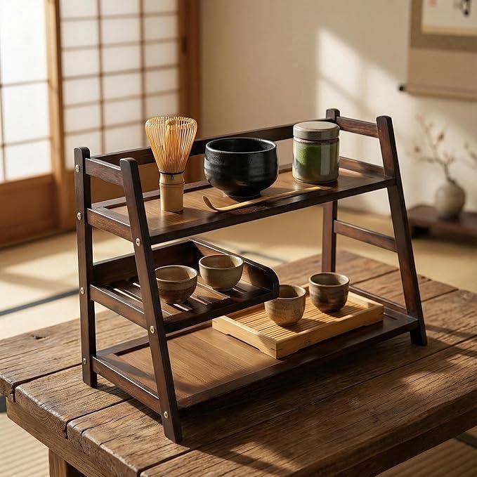 Lnncdsc 3 Tier Bamboo Matcha Station, coffee station organizer Shelf with Drawer for Kitchen Countertop, Tea Bar  Matcha Powder, Tools & Cup Organizer for Matcha Lovers, Home Baristas.