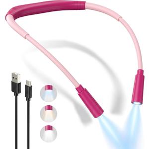Rechargeable Book Light,3 Colors and Brightness Adjustable Reading Light,Bendable Neck Light,100hrs Long-Lasting,Perfect Reading Lamp Gift for Books in Bed, Knitting,Repairing,Working (Pink)